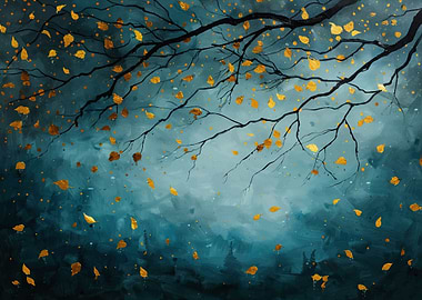 Golden Leaves on Teal Background Painting