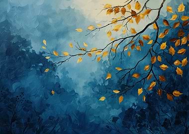 Autumn Leaves Painting on Blue Background