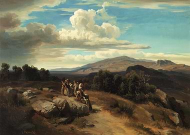 Landscape painting with figures and mountains