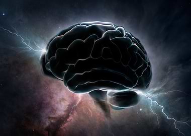 Brain with Lightning in Space