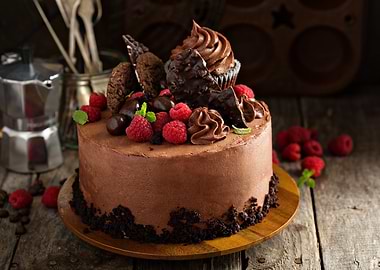 Chocolate Cake with Raspberries and Cupcake