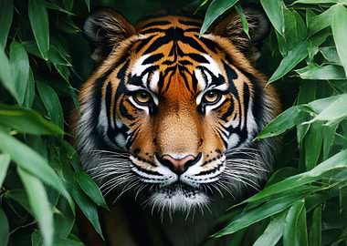 Tiger portrait in lush green foliage