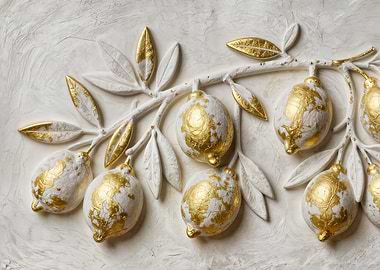 Golden Lemons on White Textured Background