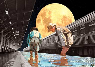 Surreal Train Station with Moon