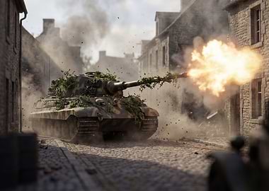 Camouflaged Tank Firing in Urban Setting