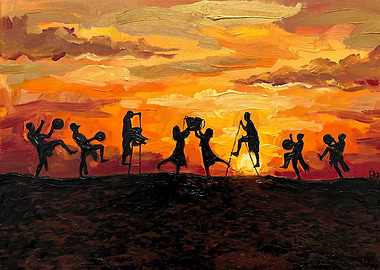 Silhouette Figures at Sunset Painting