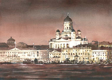Helsinki Cathedral Watercolor Painting
