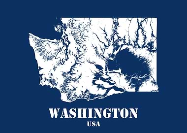 Washington USA State Minimalist White Topographic Contour Relief Map featuring terrain on navy blue background