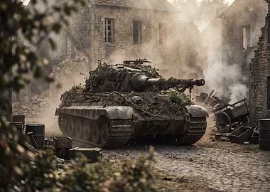 Camouflaged Tank in War-Torn Village