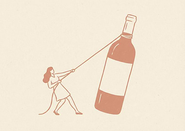 Woman Pulling Oversized Wine Bottle