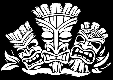 Three White Tiki Masks on Black