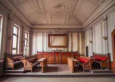Abandoned courtroom interior with wooden benches