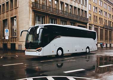 White Bus on Wet City Street