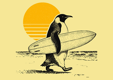 Surfing Penguin Poster, Vintage Beach Animal Art, Cute Penguin Surf Wall Print