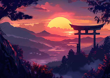 Japanese Landscape Torii Gate at Sunset