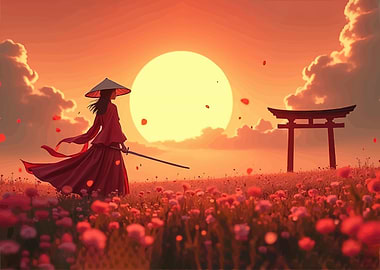 Samurai Woman in Field at Sunset