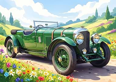 Vintage Green Car in Countryside