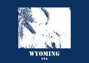 Wyoming USA State Minimalist White Topographic Contour Relief Map featuring terrain on navy blue background