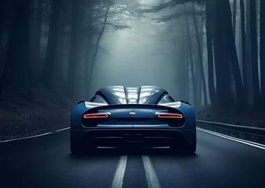 Blue Bugatti in Misty Forest