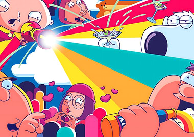 Family Guy characters with rainbow background