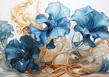 Blue Flowers with Golden Swirls