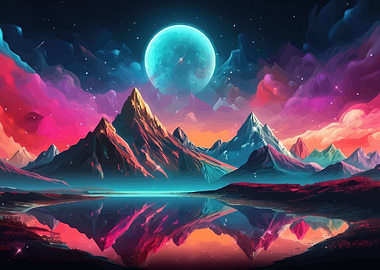 Colorful Mountain Landscape with Moon Reflection