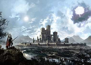 Fantasy Knight Overlooking a Castle City