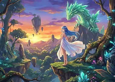 Anime Girl and Crystal Dragon Landscape