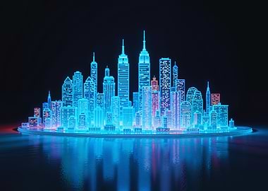 Neon Cityscape on Water Reflection