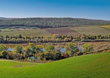 Picturesque Landscape with Fields and Lake