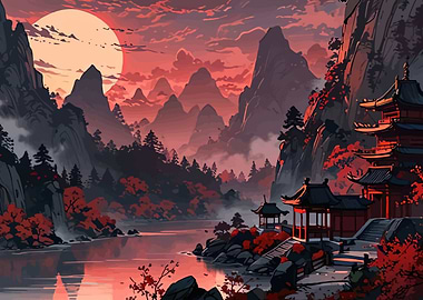 Asian Landscape with Temple and Sunset