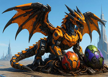 Mechanical Dragon with Futuristic Eggs