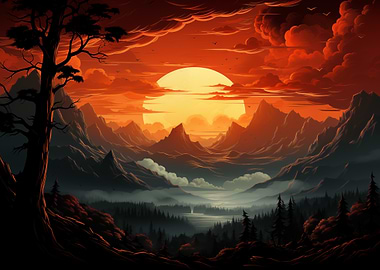 Sunset Mountain Landscape Digital Art