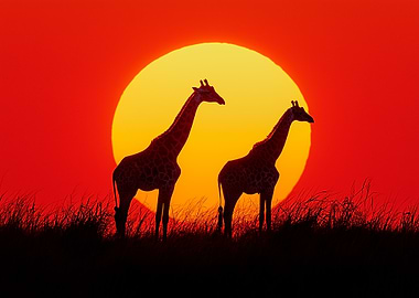 Two Giraffe Silhouettes At Sunset