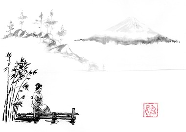 Japanese Ink Painting: Woman and Mountain