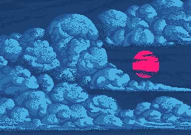 Pixel Art Sunset with Clouds