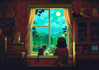 Pixel Art: Girl, Cats, and Window View