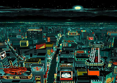 Pixel Art Cityscape at Night