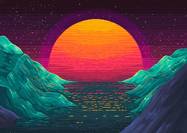 Pixel Art Sunset Landscape