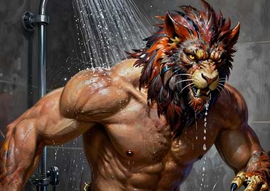 Lion-headed man taking a shower