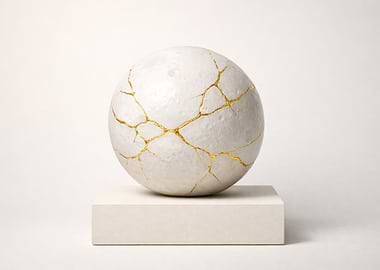 Kintsugi Sphere on White Pedestal