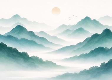 Misty Mountain Landscape with Rising Sun