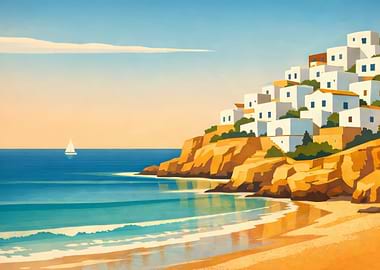 Coastal Village Painting with Sailboat