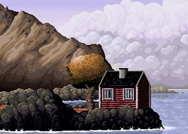 Pixel Art Landscape with Cabin