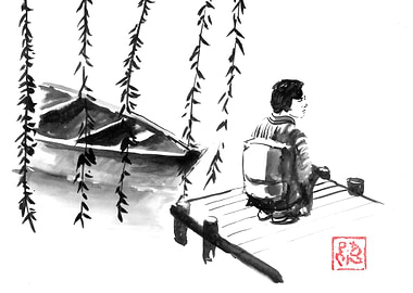 Ink Wash Painting: Woman by River