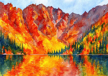 Autumn Mountain Lake Watercolor Painting