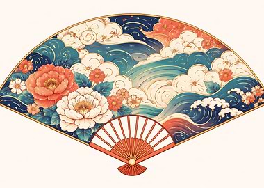 Japanese Fan with Floral and Wave Design