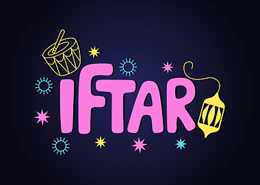 Iftar Text Art with Ramadan Symbols