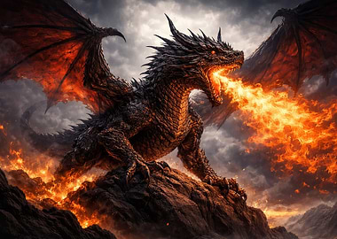 Dragon breathing fire on rocks