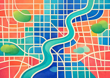 Stylized City Map with River and Parks